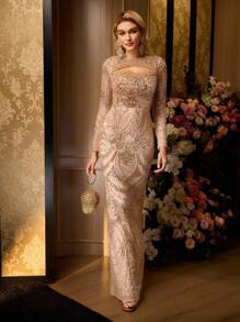 MOTF Soiréza 人造珍珠领口和镂空细节串珠美人鱼下摆晚礼服 - 香檳色 - 查看 6