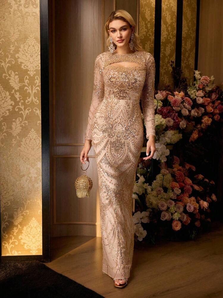 MOTF Soiréza BEADED MERMAID HEM EVENING DRESS WITH FAUX PEARL NECKLINE AND CUT-OUT DETAIL