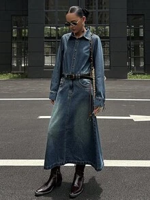 DAZY 女士休闲水洗长款牛仔连衣裙 - 藍色 - 查看 2