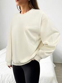 SHEIN EZwear Áo nỉ dệt kim màu mơ giản dị có vai trễ và chi tiết dệt kim sườn cho phong cách hàng ngày Áo chui đầu dành cho nữ Áo nỉ màu kem vào mùa thu/đông - Màu be - Xem 4