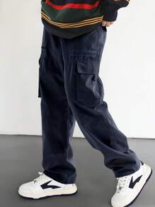 Men Loose Flap Pocket Side Cargo Pants, Men Navy Blue Cargo Pants, Men Cargo Pants With Multiple Pockets, Men Baggy Cargo Pants, Men Relaxed Fit Cargo Pants - Navy Blue - View 4