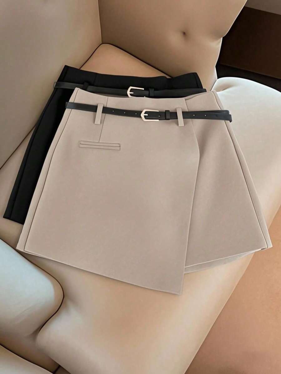 Franclia Petite 休闲通勤时尚不对称下摆裙裤女多功能单件短裤腰部无腰带搭配单件裙裤 - 卡其色 - 查看 1