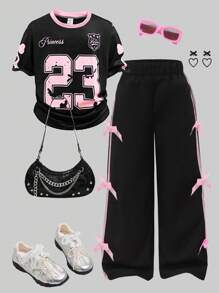 SHEIN Conjunto de camiseta casual de verano para niñas, estilo vintage americano con estampado de números y letras inglesas con lazo en color rosa, camiseta de punto de cuello redondo y manga corta combinada con pantalón de tela tejida de color rosa sólido con diseño de cinta rosa y lazo 3D rosa, conjunto de 2 piezas, adecuado para volver al colegio, uso diario casual, moda, exterior, viajes, fotografía, estilo callejero Y2K, ropa de vuelta al colegio, ropa de graduación - Multicolor - Ver 2