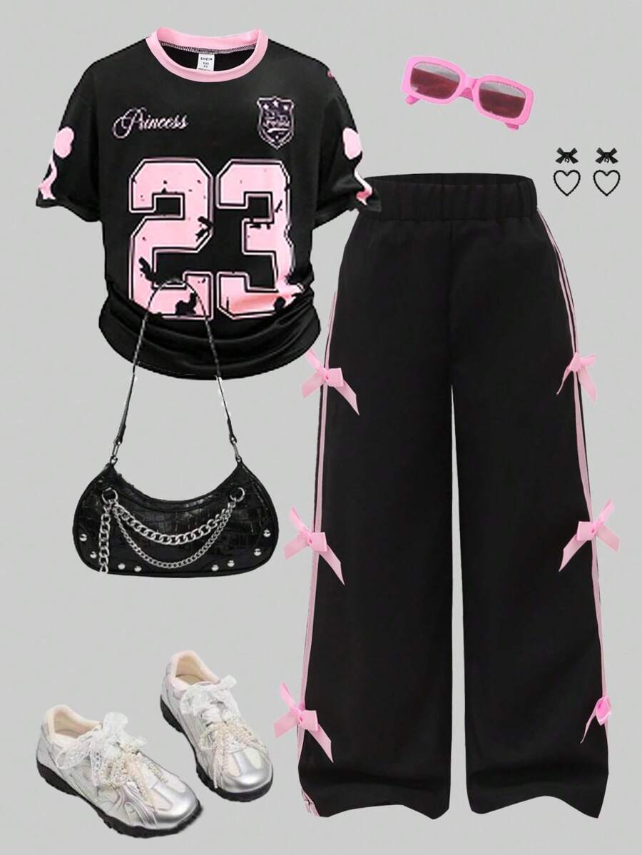 SHEIN Conjunto de camiseta casual de verano para niñas, estilo vintage americano con estampado de números y letras inglesas con lazo en color rosa, camiseta de punto de cuello redondo y manga corta combinada con pantalón de tela tejida de color rosa sólido con diseño de cinta rosa y lazo 3D rosa, conjunto de 2 piezas, adecuado para volver al colegio, uso diario casual, moda, exterior, viajes, fotografía, estilo callejero Y2K, ropa de vuelta al colegio, ropa de graduación