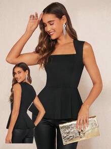 Amorya 方领荷叶边背心，商务休闲女装，适合夜间外出、教师、教堂活动和夏季穿着。 - 黑色 - 查看 7