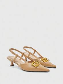 CUCCOO BIZCHIC 女士时尚尖头链条装饰露背小猫跟高跟鞋，通勤风格 - 杏色 - 查看 2