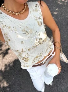 SHEIN Essnce Siren Gaze 女士亮片刺绣圆领无袖宽松背心，性感亮片露背吊带衫，新款串珠上衣，圆领上衣，女士沙滩装，奶油黄上衣，海岛度假装，优雅女士露背亮片上衣，演唱会装，狂欢节装，伊比沙岛装，串珠上衣，女士西部性感可爱无袖上衣 - 杏色 - 查看 7