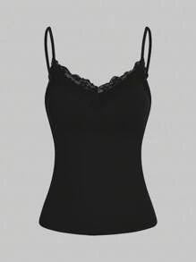 SHEIN Essnce Áo ba lỗ ren chắp vá thường ngày cho nữ 3 món/bộ cho kỳ nghỉ hè - Màu xám đen - Xem 4