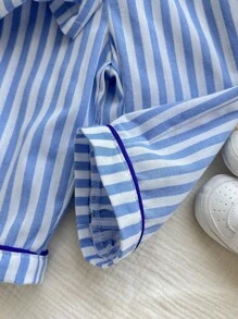 Bộ đồ ngủ dệt 2 món Dozemod Kids Baby Boy Baby Boy, áo sơ mi tay ngắn cài nút cổ sọc đơn giản và quần dài - Xanh và trắng - Xem 4