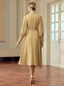ZEYLAH Women's Elegant Solid Color Long Sleeve Midi Dress, Suitable For Commuting Fall Cloth For Women - Khaki - View 3