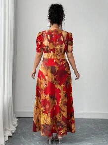 Elenzga 大码女式优雅 V 领褶饰腰部中长连衣裙，夏季 - 紅色 - 查看 4