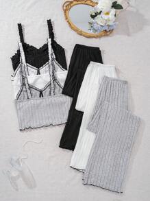 Snug Zone 6pcs Bow Decor Ribbed Camisole & Pants Pajama Set - Multicolor - View 2