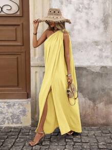 Brillora Simple Color Woven Long Split Dress For Women, Vacation Style,Dresses For Women Summer