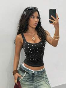 StreetHx 女式哥特式做旧复古街头风格修身背心，饰有水钻