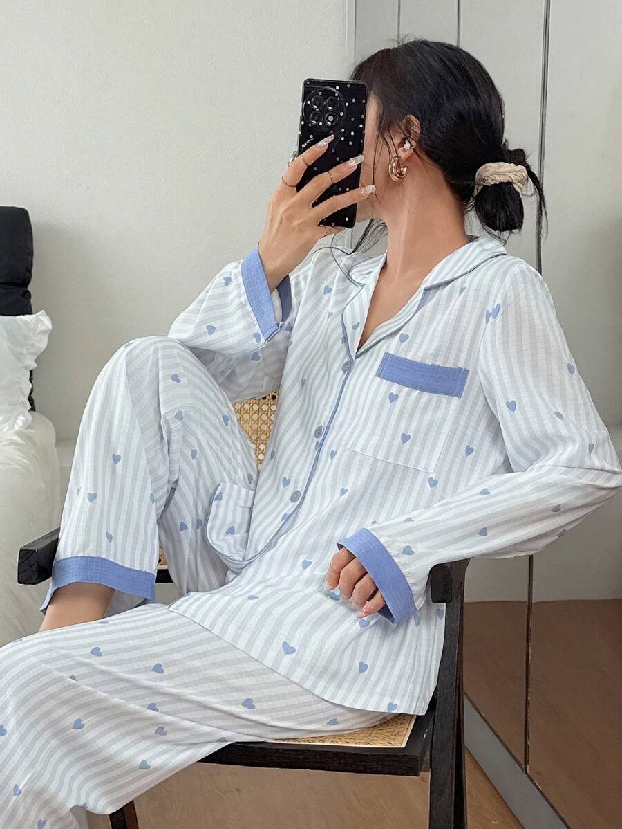女士竖条纹爱心印花纽扣上衣和裤子睡衣套装，秋冬条纹睡衣爱心印花睡衣套装女士纽扣睡衣套装 - 淺藍色 - 查看 1