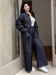 Dazy Plus 2pcs Set: Loose Fit Denim Shirt With Collar & Casual Denim Pants, Suitable For All Seasons, Spring/Autumn,Fall Women Clothes