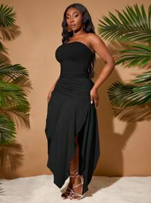 SHEIN SXY 大码女装春夏优雅新都市纯色褶皱腰不对称下摆高开衩抹胸连衣裙，适合日常穿着，波西米亚风 - 黑色 - 查看 1