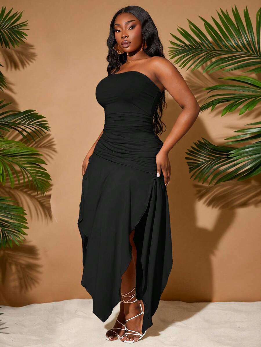 SHEIN SXY 大码女装春夏优雅新都市纯色褶皱腰不对称下摆高开衩抹胸连衣裙，适合日常穿着，波西米亚风 - 黑色 - 查看 1