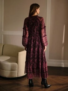 MOTF PREMIUM CHIFFON ALLOVER FLORAL PRINT FRILL TRIM TIE NECK LANTERN SLEEVE RUFFLE HEM DRESS