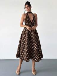 Firerie Women's Retro Polka Dot V-Neck Backless Waist Flared Midi Dress, Suitable For Valentine's Day, Concerts, Performances, Dates, Parties, Weddings, Sexy, Elegant, Commute, Back To School, Vacation, Beach, Romantic