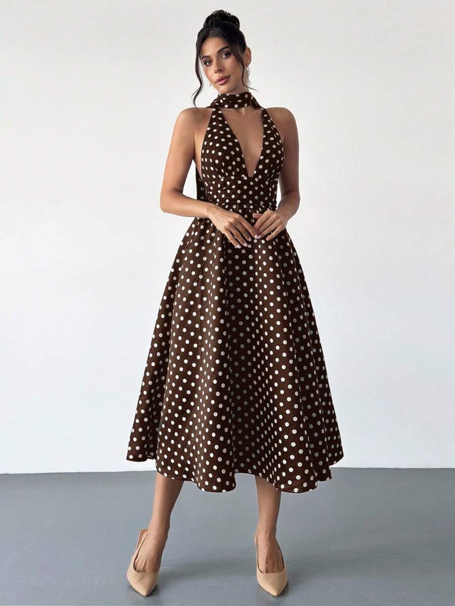 Firerie 女式复古波尔卡圆点 V 领露背喇叭腰中长连衣裙，适合情人节、音乐会、表演、约会、派对、婚礼、性感、优雅、通勤、返校、度假、海滩、浪漫