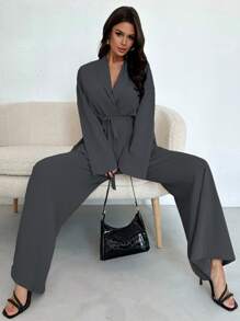 Firerie 女士优雅休闲度假通勤办公室翻领腰带宽松夹克和高腰休闲裤，适合秋夏季 - 灰色 - 查看 8