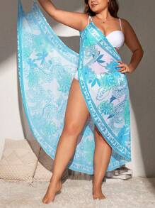 Swim Lushoire 加大码夏季花卉印花沙滩裹身裙泳装罩衫 - 藍色 - 查看 4