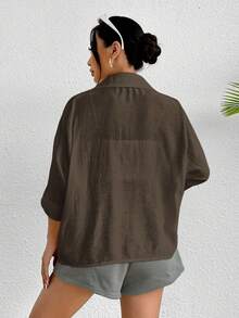 SHEIN PETITE Brown Blouse Loose Shirt - Brown - View 2