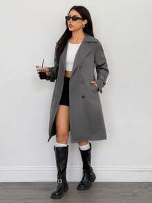 SHEIN PETITE 休闲时尚百搭通勤简约女式风衣秋冬灰色风衣 - 灰色 - 查看 7