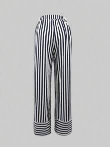 INAWLY Women's Casual Colorblock Striped Straight-Leg Pants - Blue and White - View 4