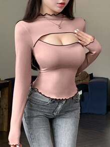 DAZY Maglietta elegante e casual da donna con collo alto, maniche lunghe, decorazione a righe e dettagli traforati