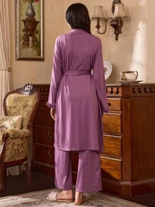 3 件套女士优雅蕾丝边休闲紫色睡衣三件套，秋季服装 - 藕粉色 - 查看 2