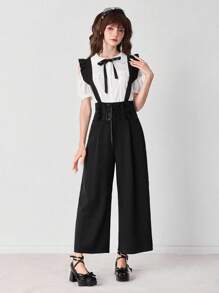 ROMWE EDITION Women's Fashionable Versatile Solid Color Criss-Cross Tie Pants - Black - View 1