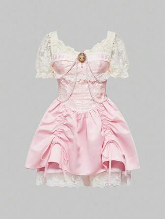 ROMWE EDITION Women's Vintage Palace Romantic Lace Patchwork Pearl Chain Decor Puff Skirt Mini Dress