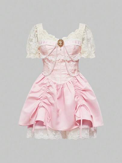 EDITION Women's Vintage Palace Romantic Lace Patchwork Pearl Chain Decor Puff Skirt Mini Dress