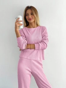 SHEIN Cottnline Cotton Women Solid Color Ribbed Tee & Pants ,Petite Women - Pink - View 5