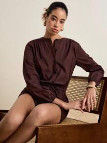INAWLY Casual Solid Color Waist Cinched Romper Fall Cloth For Women - Brown - View 3