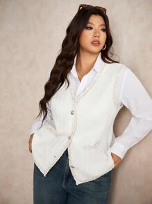 Elaquor Áo khoác vest không tay cài một hàng khuy cỡ lớn dành cho nữ vào mùa thu/đông - Màu be - Xem 5