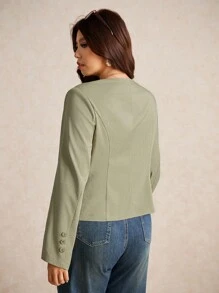 Elaquor 大码女式纯色长袖前系带休闲夹克 - 軍綠色 - 查看 5