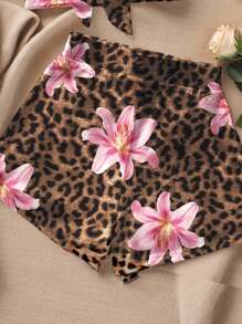 SHEIN EZwear 2pcs Women's Vacation Beach Leopard Floral Print Bandeau Top And Shorts Set Suitable For Going Out - Multicolor - View 4