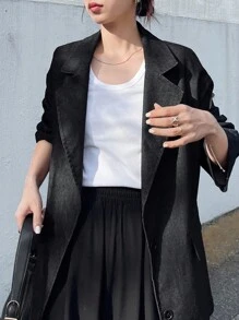 FRIFUL 女士宽松纯色牛仔效果翻领休闲西装外套，秋季商务着装