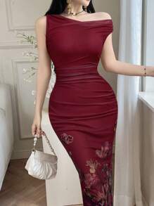 Feyla Women's Elegant Floral Print Asymmetrical Neck Ruffle Fitted Dress, Summer - Burgundy - View 7
