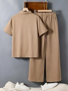 SHEIN 2pcs Teenage Boys Textured Fabric Polo Shirt&Pants Set,Beige,Summer,Vacation,Versatile Brown Solid Color Outfit For School,Daily,Travel,Sports,Party - Apricot - View 5