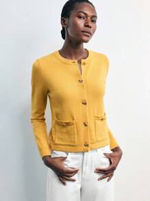 Maija Cardigan giallo da donna versatile, di moda urbana moderna, essenziale, con scollo tondo, apertura anteriore, orlo e polsini con design in filato sfumato, decorazione metallica, adatto per l'ufficio e il casual business, con un tocco vintage di alta qualità per il pendolarismo urbano - Multicolore - Visualizzare 7