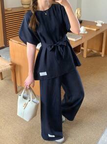 SHEIN Long Striped Teen Girls Co-Ords In Royal Blue With Comfortable Fit And Classic Round Neck Two Piece Set Pants And Top Set Preppy Two Piece Set Linen Two Piece Set Wide Leg Pants And Top Set Wide Leg Pants Set