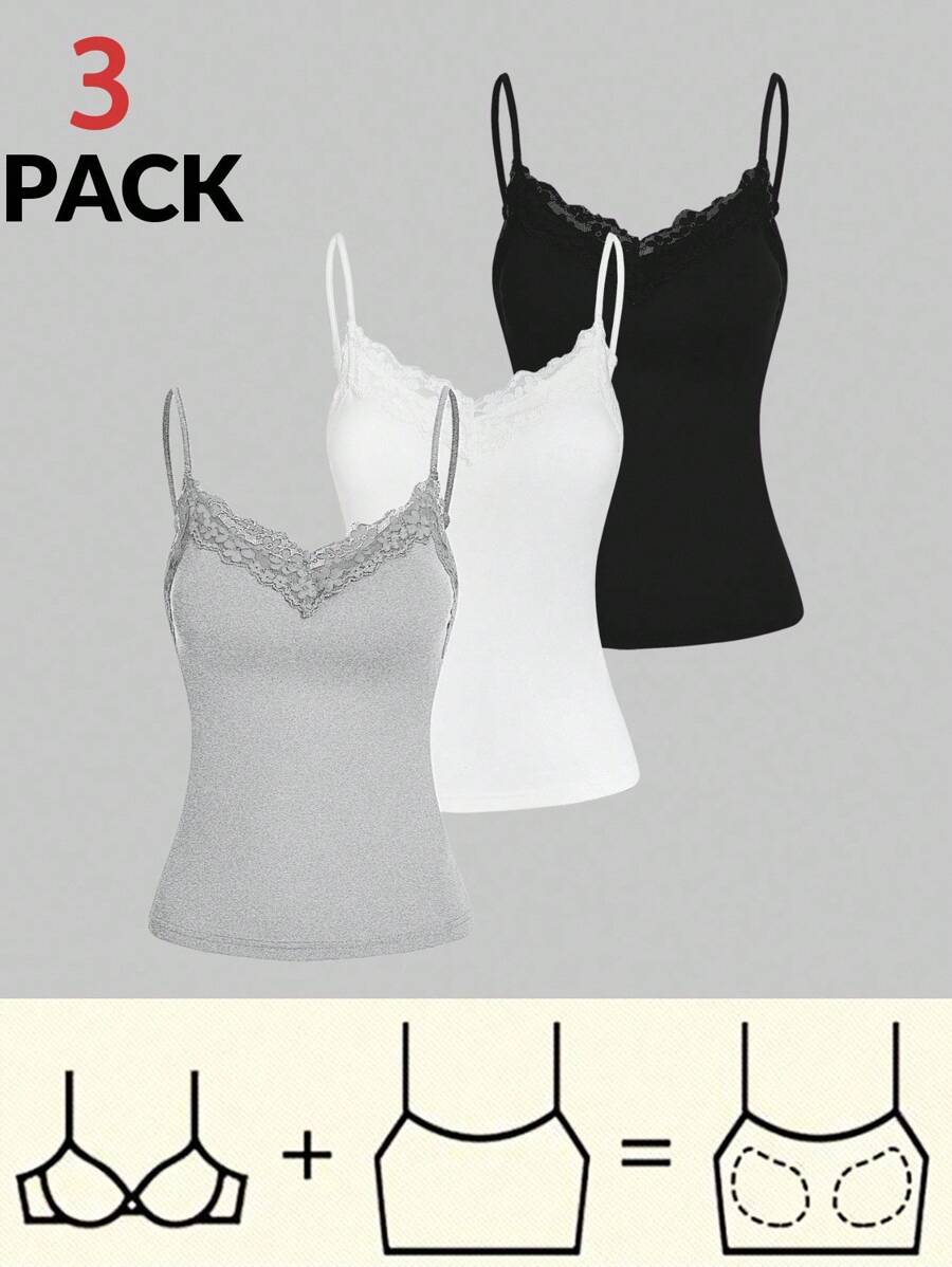 SHEIN Essnce 3 件套夏季蕾丝拼布吊带背心 - 淺灰色 - 查看 1