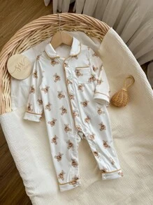 Newborn Baby Boy Cute Bear Pattern Lapel Button Pocket Long Sleeve Jumpsuit Soft Loungewear