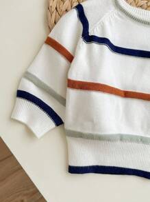 SHEIN Newborn Baby Boy/Girl Cute Versatile White Knitted Striped Long Sleeve Sweater, Autumn/Winter