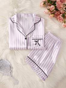 Tween GirlsClassic Striped Faux Silk Cardigan With Buttons, Bow Embroidered Pockets Short Sleeve Top Paired With Light Purple & White Striped Shorts With Black Trim, Home Outfit Set - Purple - View 6