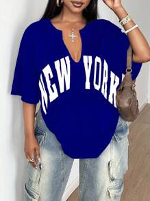 Maweii 大码女式夏季字母印花V领落肩宽松休闲T恤 - 藏蓝色 - 查看 1